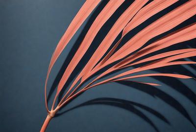 The primary subject of the image is a large, pink leaf with a brown stem. The leaf is prominently displayed in the foreground, with a blue background visible behind it. The visual style of the image is a close-up of the leaf, showcasing its intricate details. The colors in the image are predominantly pink and brown, creating a warm and natural atmosphere.