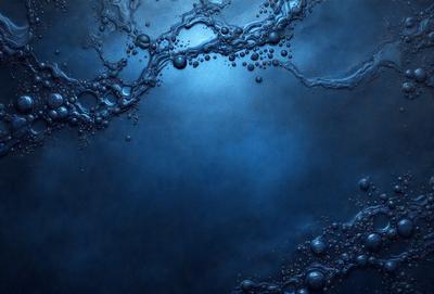The primary subject of the image is a blue background with bubbles floating on it. The setting appears to be a dark, possibly underwater, environment. The visual style is a combination of a photo and digital art, creating a unique and intriguing appearance. The dominant colors are blue and white, with the blue background and the white bubbles, which contribute to a calm and serene atmosphere.
