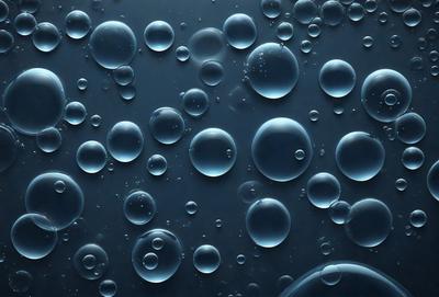 The primary subject of the image is a close-up of a blue background with numerous small bubbles floating on it. The setting appears to be a dark room, and the visual style is a close-up of the bubbles. The colors and mood of the image are predominantly blue, creating a calm and serene atmosphere.