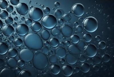 The primary subject of the image is a close-up of a blue, bubbly, and foamy surface. The setting is a dark blue background, which contrasts with the bright blue bubbles. The visual style is a digital art or illustration, as the bubbles are depicted in a detailed and realistic manner. The colors and mood of the image are predominantly blue, creating a calm and serene atmosphere.