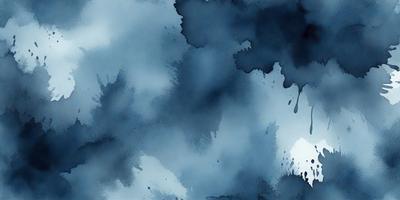 The primary subject of the image is a blue cloudy sky with a few drops of water. The setting is a cloudy day, and the visual style is a watercolor painting. The colors and mood of the image are predominantly blue and moody, creating a sense of depth and atmosphere.