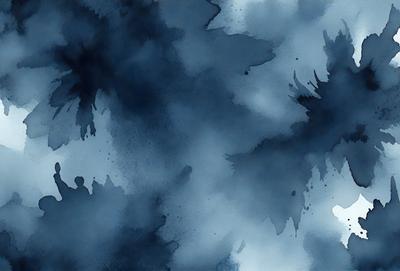 The primary subject of the image is a blue and black painting of a tree. The setting is a cloudy sky, and the visual style is a painting. The dominant colors are blue and black, creating a moody atmosphere.