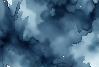 The primary subject of the image is a blue and white cloudy sky. The setting is a cloudy blue sky, and the visual style is a watercolor painting. The colors and mood of the image are predominantly blue and white, creating a serene and calming atmosphere.