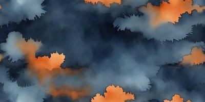 The primary subject of the image is a cloudy sky with a few orange leaves scattered throughout. The setting is a dark, cloudy sky, and the visual style is a watercolor painting. The colors and mood of the image are predominantly dark and moody, with the orange leaves adding a touch of warmth to the scene.