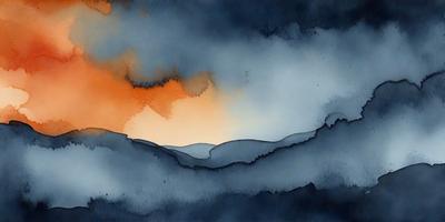 The primary subject of the image is a beautiful sunset, with the sun setting behind a mountain range. The setting is a cloudy sky, which adds to the dramatic atmosphere of the scene. The visual style of the image is a painting, with the artist's brushstrokes visible in the clouds and the mountain range. The colors and mood of the painting are predominantly blue and orange, with the blue hues representing the cloudy sky and the orange hues representing the sunset.