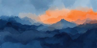 The primary subject of the image is a mountain range with a sunset in the background. The setting is a cloudy sky, and the visual style is a watercolor painting. The dominant colors are shades of blue, orange, and red, creating a serene and dramatic atmosphere.