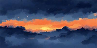 The primary subject of the image is a beautiful sunset with a cloudy sky. The setting is a mountainous landscape, with the sun peeking through the clouds, creating a serene and picturesque scene. The visual style is a combination of digital art and illustration, with the sunset and clouds depicted in a vibrant and artistic manner. The colors and mood of the image are predominantly warm and calming, with the sunset casting a warm glow over the landscape.