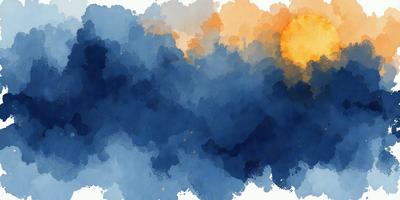 The primary subject of the image is a blue sky with a sun in the background. The setting is a cloudy sky, and the visual style is a watercolor painting. The dominant colors are blue and orange, creating a serene and calming atmosphere.