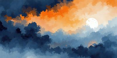 The primary subject of the image is a moon, which is seen in the sky. The setting is a cloudy sky, and the visual style is a painting or drawing. The colors and mood of the image are predominantly blue and orange, creating a dramatic and moody atmosphere.