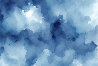 The primary subject of the image is a blue cloudy sky. The setting is a cloudy blue sky with a few white clouds. The visual style is a watercolor painting, giving the scene a vibrant and artistic appearance. The dominant colors are blue and white, creating a serene and calming atmosphere.