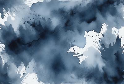 The primary subject of the image is a blue and white painting of a horse. The setting is a cloudy sky, and the visual style appears to be a watercolor painting. The dominant colors are blue and white, creating a calm and serene atmosphere.