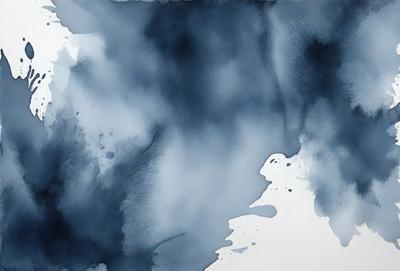 The primary subject of the image is a painting of a cloudy sky. The setting is a blue background, and the visual style appears to be a watercolor painting. The colors and mood of the painting are predominantly blue, creating a calm and serene atmosphere.