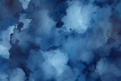 The primary subject of the image is a blue cloudy sky. The setting is a cloudy blue sky with a few white clouds scattered throughout. The visual style is a watercolor painting, giving the scene a vibrant and artistic appearance. The dominant colors are blue and white, creating a serene and calming atmosphere.