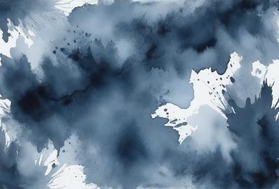 The primary subject of the image is a blue and white painting of a horse. The setting is a cloudy sky, and the visual style appears to be a watercolor painting. The dominant colors are blue and white, creating a calm and serene atmosphere.