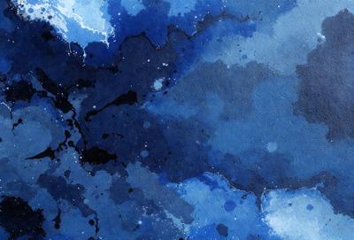 The primary subject of the image is a blue sky with a few white clouds. The setting is a blue background, and the visual style appears to be a painting or drawing. The colors and mood of the image are predominantly blue and calm, creating a serene atmosphere.