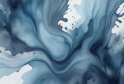 The primary subject of the image is a blue and white painting of a swirling, flowing pattern. The setting is a blue background, and the visual style appears to be a digital art or illustration. The dominant colors are blue and white, creating a calm and serene atmosphere.