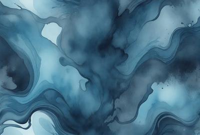 The primary subject of the image is a blue and white painting, which features a swirling, abstract design. The setting is a blue background, and the visual style appears to be a combination of digital art and illustration. The dominant colors in the painting are blue and white, creating a calming and serene atmosphere.