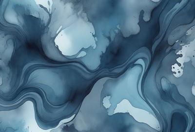 The primary subject of the image is a blue and white painting of a swirling, flowing design. The setting is a blue background, and the visual style appears to be a digital art or illustration. The dominant colors are blue and white, creating a calm and serene atmosphere.