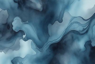 The primary subject of the image is a blue and white painting of a wave. The setting is a blue background, and the visual style appears to be a digital art or illustration. The dominant colors are blue and white, creating a calm and serene atmosphere.