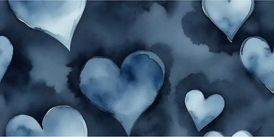 The primary subject of the image is a blue heart. The setting is a cloudy sky, and the visual style is a watercolor painting. The dominant colors are blue and gray, creating a calm and serene atmosphere.