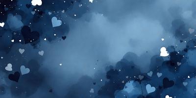 The primary subject of the image is a cloudy blue sky filled with hearts. The setting is a night sky, and the visual style is a watercolor painting. The dominant colors are blue and white, creating a serene and peaceful atmosphere.