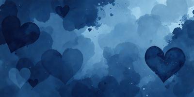 The primary subject of the image is a cloudy blue sky filled with hearts. The setting is a blue background, and the visual style is a watercolor painting. The hearts are scattered throughout the sky, creating a playful and whimsical atmosphere. The dominant colors are blue and white, with the hearts adding a pop of color.