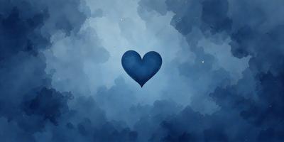 The primary subject of the image is a blue heart-shaped balloon. The setting is a cloudy blue sky, and the visual style is a digital art or illustration. The colors and mood of the image are predominantly blue, creating a calm and serene atmosphere.
