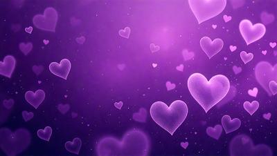 The primary subject of the image is a purple background with a large number of hearts floating in the air. The hearts are of various sizes and are scattered throughout the background. The setting appears to be a space with a purple sky, and the visual style is a combination of digital art and illustration. The dominant colors in the image are purple and pink, creating a warm and inviting atmosphere.