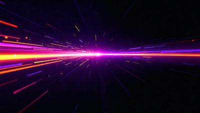 The primary subject of the image is a bright, colorful, and fast-moving light, which appears to be a neon light or a lightning bolt. The light is traveling through a dark, starry sky, creating a sense of speed and motion. The visual style of the image is a combination of a photo and digital art, as it captures the dynamic nature of the light while also showcasing the vibrant colors. The colors and mood of the image are energetic and lively, with