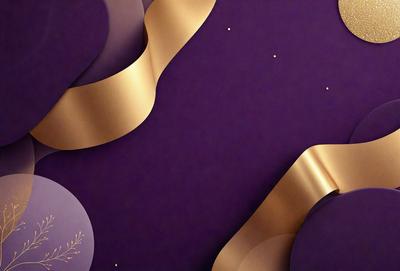 The primary subject of the image is a gold ribbon or bow, which is the main focus of the scene. The ribbon is placed on a purple background, creating a visually striking contrast between the gold and purple colors. The visual style of the image is a combination of photo and digital art, as it appears to be a close-up of the ribbon with a slightly blurred background. The overall atmosphere of the image is elegant and sophisticated, with the gold ribbon and purple background evoking a
