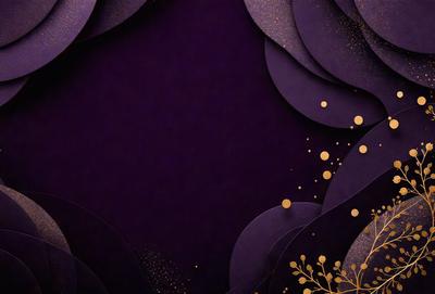The primary subject of the image is a purple background with gold dots. The setting is a dark room, and the visual style is a combination of digital art and illustration. The dominant colors are purple and gold, creating a mood of elegance and sophistication.