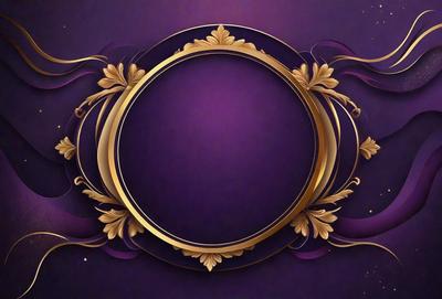 The primary subject of the image is a gold and purple decorative frame. The setting is a purple background, and the visual style is a digital art or illustration. The colors and mood of the image are predominantly purple and gold, creating a luxurious and elegant atmosphere.