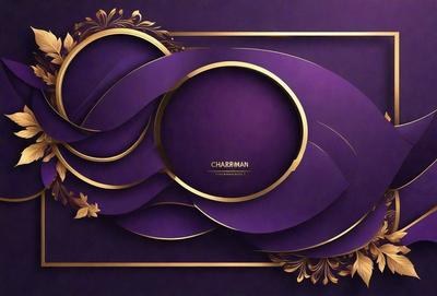 The primary subject of the image is a purple and gold decorative plate. The plate is adorned with a gold border and features a design that resembles a flower. The setting is a wall, and the visual style is a combination of digital art and illustration. The colors and mood of the image are elegant and sophisticated, with the purple and gold colors creating a luxurious and refined atmosphere.