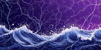 The primary subject of the image is a wave in the ocean. The setting is a dark, purple sky, which creates a dramatic and moody atmosphere. The visual style is a digital art or illustration, as the wave is depicted in a detailed and artistic manner. The colors and mood of the image are predominantly dark and mysterious, with the purple sky adding a sense of depth and intensity to the scene.