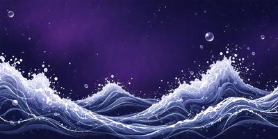 The primary subject of the image is a wave in the ocean. The setting is a dark, purple sky, which creates a dramatic backdrop for the wave. The visual style is a digital art or illustration, as the wave is depicted in a detailed and artistic manner. The colors and mood of the image are predominantly dark and moody, with the purple sky adding a sense of mystery and depth to the scene.