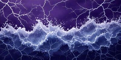 The primary subject of the image is a purple and blue ocean with white lightning bolts. The setting is a vast body of water, and the visual style is a combination of digital art and illustration. The dominant colors are purple, blue, and white, creating a serene and calming atmosphere.