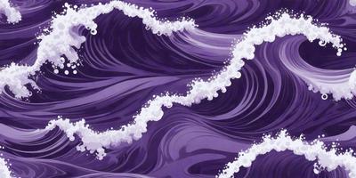 The primary subject of the image is a large wave in the ocean. The wave is purple and has a white and blue foam on top of it. The setting is the ocean, and the visual style is a digital art or illustration. The dominant colors are purple, white, and blue, creating a calm and serene atmosphere.