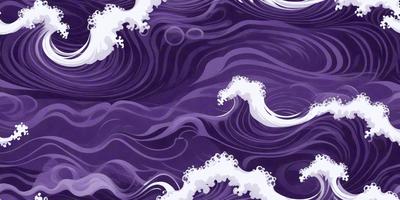 The primary subject of the image is a purple ocean with waves. The setting is a vast body of water, and the visual style is a combination of digital art and illustration. The dominant colors are purple and blue, creating a serene and calming atmosphere.