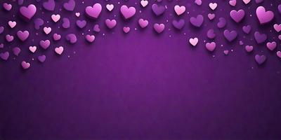 Purple heart-shaped decorations are scattered across a purple background.