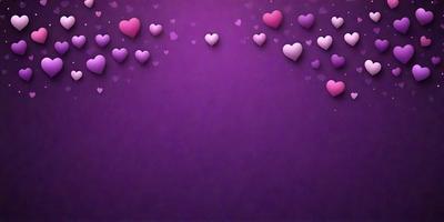 The primary subject of the image is a purple background with a row of hearts floating above it. The hearts are scattered across the background, creating a visually appealing and heartwarming scene. The setting appears to be a digital art or illustration, as the hearts are floating in a way that is not possible in a real-life environment. The overall atmosphere of the image is warm, inviting, and full of love.