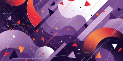 The primary subject of the image is a purple and orange geometric pattern. The setting is a space-themed background, which adds to the visual style. The colors and mood of the image are vibrant and energetic, with the purple and orange hues creating a lively atmosphere.