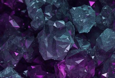 The primary subject of the image is a cluster of purple and blue crystals, which are the main objects in the scene. The setting is a purple and blue background, creating a visually striking contrast with the crystals. The visual style of the image is a digital art or illustration, as the crystals are depicted in a detailed and intricate manner. The dominant colors in the image are purple and blue, giving the scene a calm and serene atmosphere.