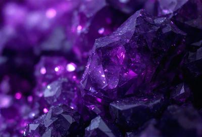 The primary subject of the image is a large purple crystal, which is the main focus of the scene. The setting is a purple background, which complements the color of the crystal. The visual style of the image is a close-up of the crystal, showcasing its unique and intricate structure. The dominant colors in the image are purple and black, creating a striking and visually appealing atmosphere.