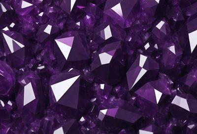 The primary subject of the image is a large cluster of purple crystals, which are the main objects in the scene. The setting is a purple background, which creates a visually striking contrast with the crystals. The visual style of the image is a close-up of the crystals, showcasing their unique shapes and textures. The dominant colors in the image are purple and white, giving the scene a vibrant and lively atmosphere.