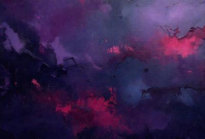 The primary subject of the image is a purple and red painting with a cloudy background. The setting is a canvas, and the visual style is a painting. The dominant colors are purple and red, creating a vibrant and lively atmosphere.