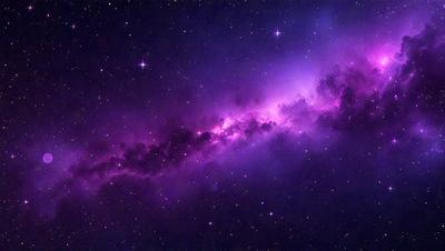 The primary subject of the image is a purple nebula, which is a cloud of gas and dust in space. The setting is a dark, star-filled sky, with the purple nebula as the main focus. The visual style is a combination of a photo and digital art, creating a unique and captivating representation of the nebula. The colors and mood of the image are predominantly purple, giving it a serene and ethereal atmosphere.