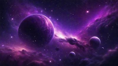 The primary subject of the image is a purple planet with a ring around it, surrounded by a purple sky. The setting is a space scene with a purple background. The visual style is digital art, and the colors and mood are predominantly purple, creating a serene and otherworldly atmosphere.
