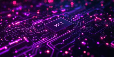 The primary subject of the image is a computer chip with the letters MST on it. The setting is a computer circuit board, and the visual style is a digital art or illustration. The dominant colors in the image are pink and purple, creating a vibrant and futuristic atmosphere.