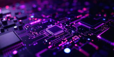 The primary subject of the image is a computer circuit board with a purple glow. The setting is a dark background, which contrasts with the bright purple lights on the circuit board. The visual style is a combination of digital art and illustration, creating a futuristic and technological atmosphere. The colors and mood are predominantly purple, which adds a sense of mystery and sophistication to the scene.