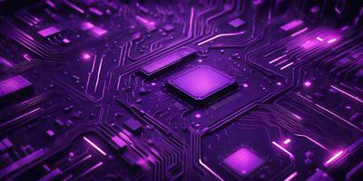 The primary subject of the image is a close-up of a computer chip, which is purple in color. The setting is a computer circuit board, and the visual style is a digital art or illustration. The dominant colors in the image are purple and black, creating a futuristic and technological atmosphere.